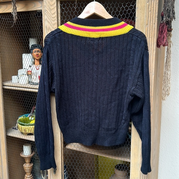 Vintage Limited Express Cable Knit Striped Trim Cropped V Neck Sweater - Picture 8 of 10